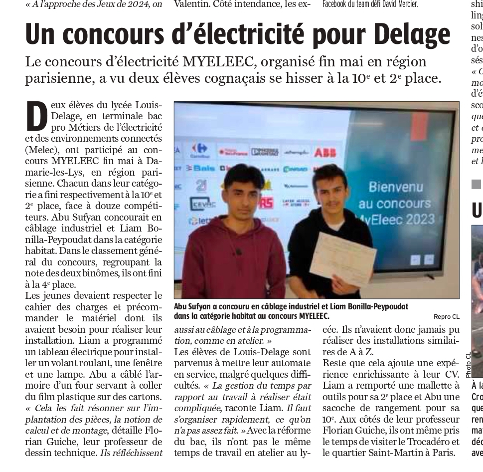  Concours MYELEEC un nouvel article sur la Charente libre